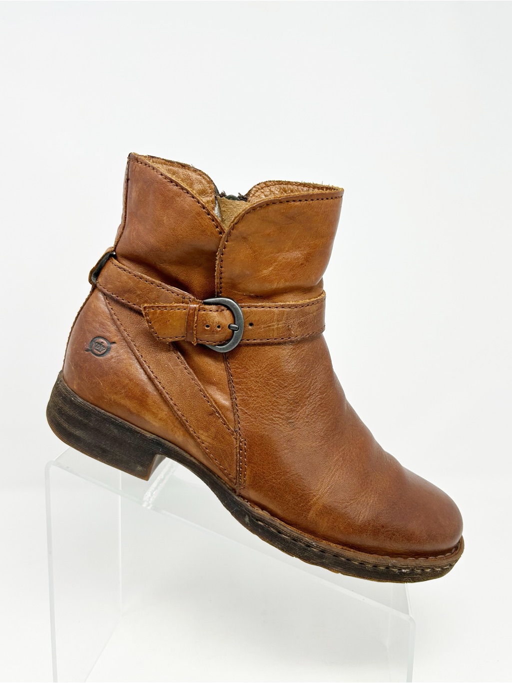 Brn Womens Ankle Booties Brown Harness Buckle Strap Side Zip Low Heel Size 8